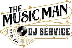 A black and gold logo with gold lettering, perfect for Maine wedding DJs or ME DJs offering professional DJ services in Maine.