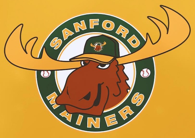 sanford mainers logo Logo of the Sanford Mainers, featuring a cartoon moose wearing a green baseball cap, with yellow antlers and two baseballs, on a yellow background.