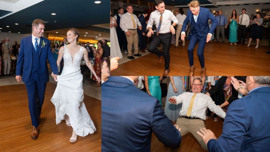 A bride and groom walk hand in hand at their mountaintop New Hampshire wedding; guests dance energetically, and an older man sits on the dance floor, surrounded by people.