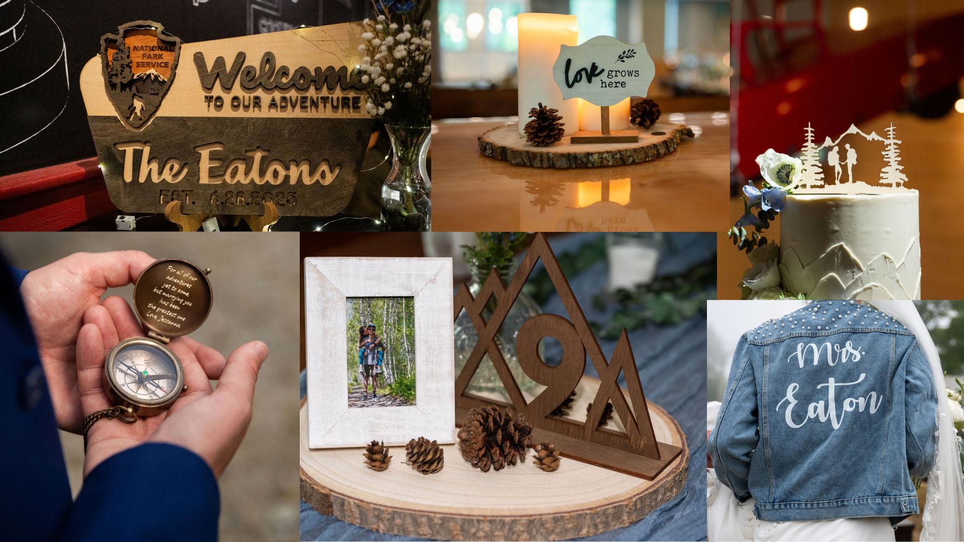 A collage featuring rustic wedding decor from a mountaintop New Hampshire wedding, including personalized wooden signs, a compass, a framed photo, a denim jacket with "Mrs. Eaton," and a nature-themed wedding cake topper.