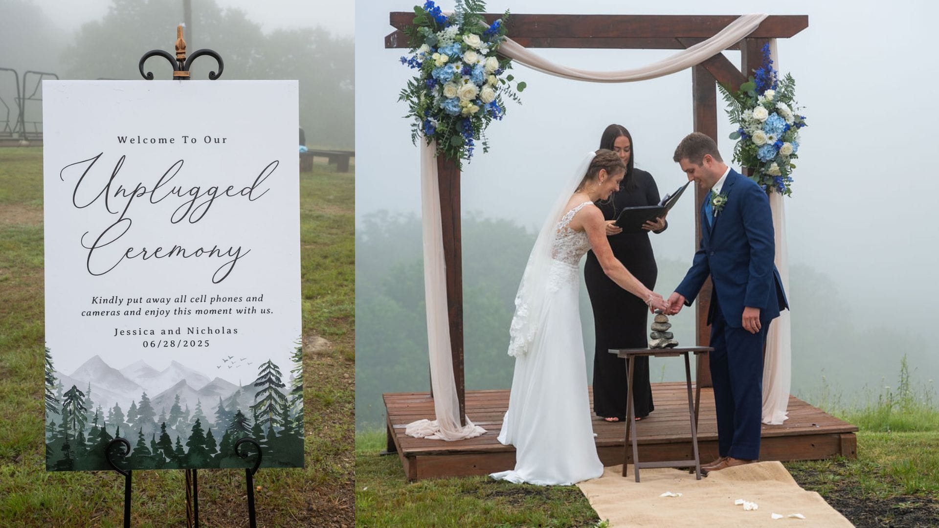 A bride and groom participate in a mountaintop New Hampshire wedding ceremony outdoors under a floral arch, with a sign requesting guests to put away cell phones for an “unplugged” event.