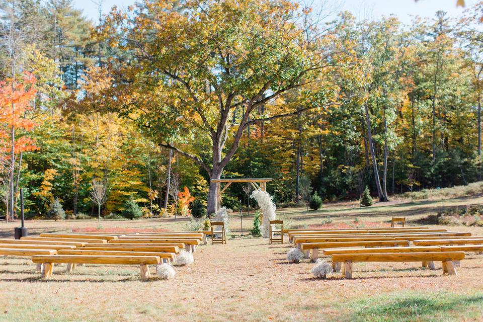 An outdoor wedding ceremony setup with wooden benches facing a simple arch under a large tree, surrounded by autumn foliage.
