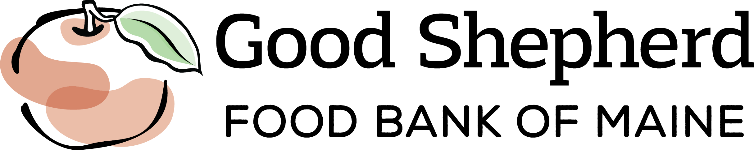 Good Shepherd Food Bank of Maine logo with a stylized peach graphic on the left and black text to the right.