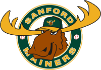 Sanford Mariners Logo showing a moose wearing a cap in front of a green circle with the text “Sanford Mainers” and two small baseballs on each side.